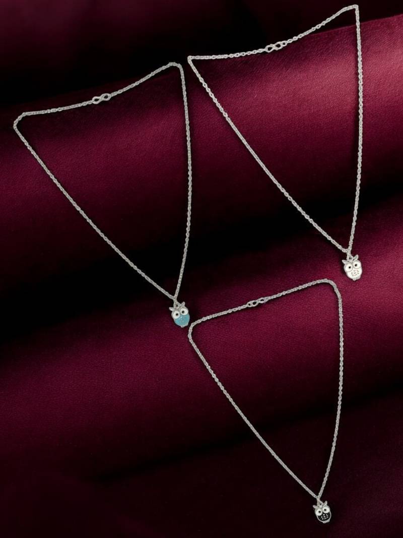 Set of 3 silver plated owl pendant chain