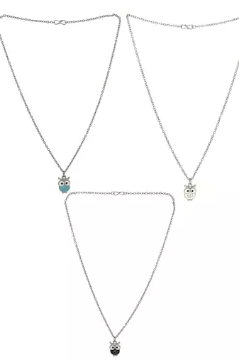 Set of 3 silver plated owl pendant chain