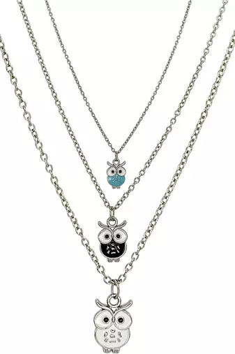 Set of 3 silver plated owl pendant chain