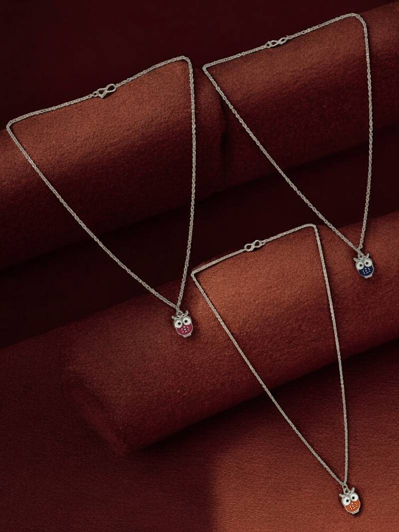 Set of 3 silver plated owl pendant chain