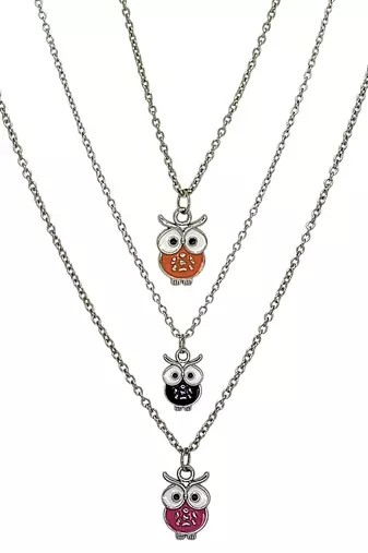 Set of 3 silver plated owl pendant chain