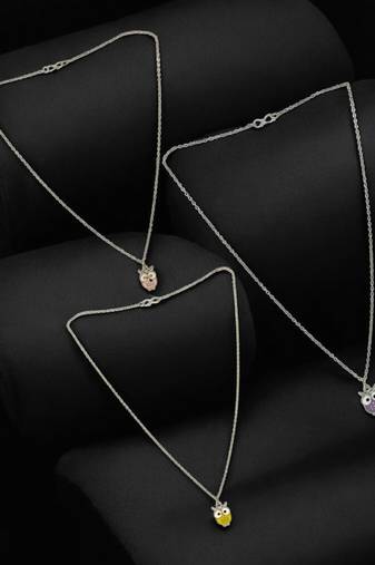 Set of 3 silver plated owl pendant chain