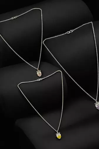 Set of 3 silver plated owl pendant chain
