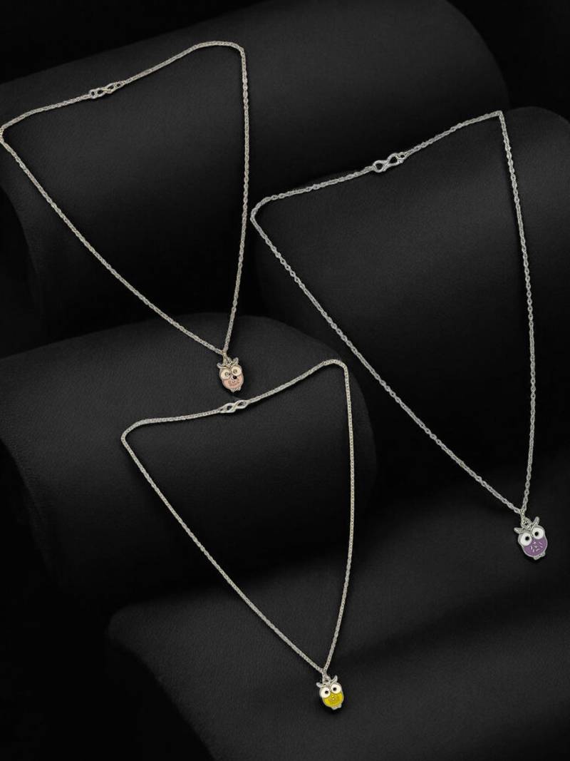 Set of 3 silver plated owl pendant chain