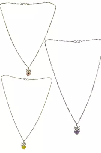 Set of 3 silver plated owl pendant chain