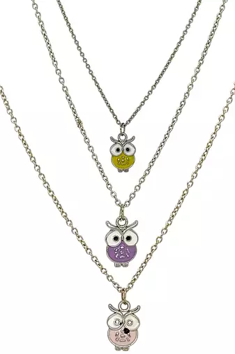 Set of 3 silver plated owl pendant chain