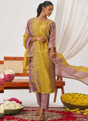 Yellow organza embroidered party wear suit 1