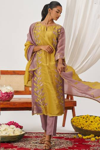 Yellow organza embroidered party wear suit