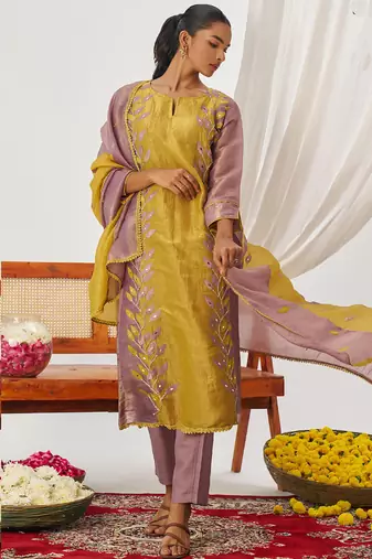 Yellow organza embroidered party wear suit