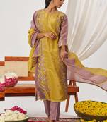 Yellow organza embroidered party wear suit