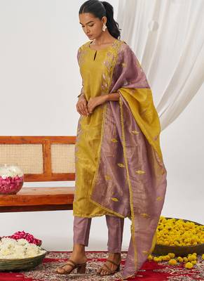 Yellow organza embroidered party wear suit 2