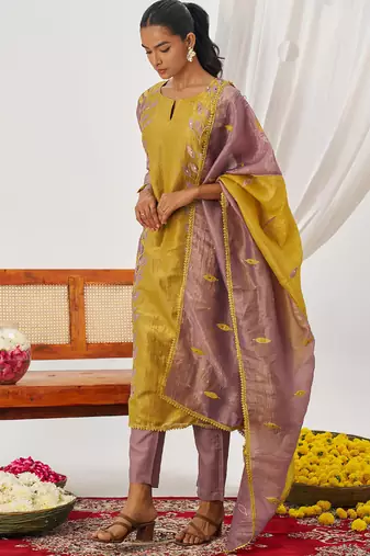 Yellow organza embroidered party wear suit