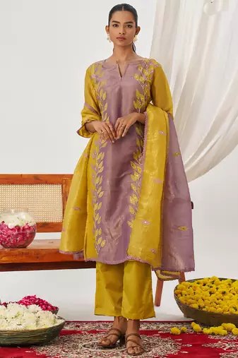 Yellow and lavender organza embroidered party wear suit