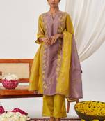 Yellow and lavender organza embroidered party wear suit