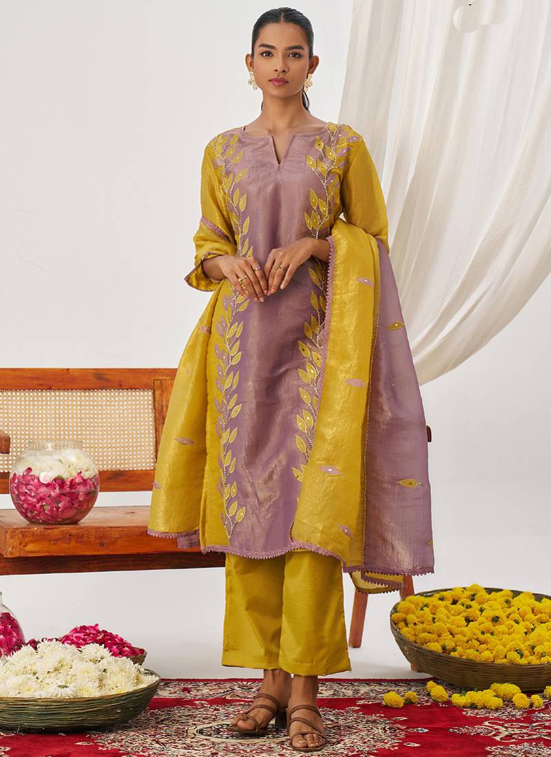 Yellow and lavender organza embroidered party wear suit