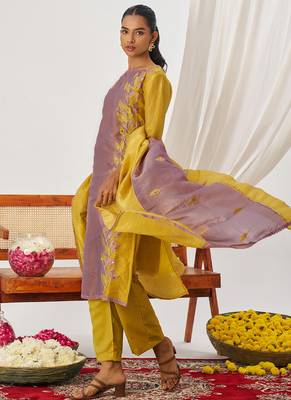 Yellow and lavender organza embroidered party wear suit 2