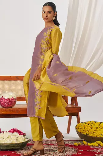 Yellow and lavender organza embroidered party wear suit