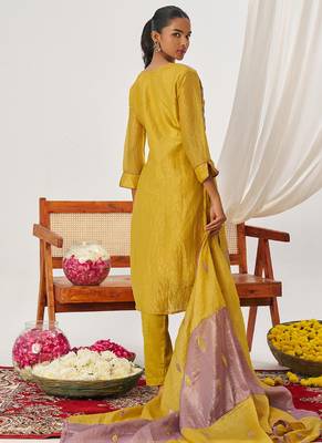 Yellow and lavender organza embroidered party wear suit 3