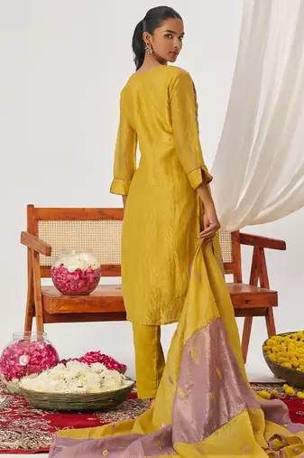 Yellow and lavender organza embroidered party wear suit