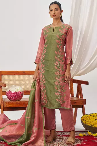 Peach organza embroidered party wear suit