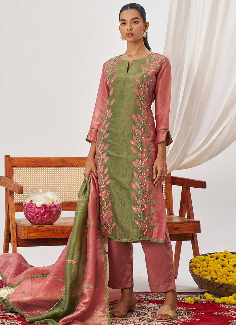 Peach organza embroidered party wear suit