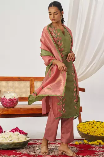 Peach organza embroidered party wear suit