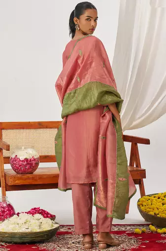 Peach organza embroidered party wear suit