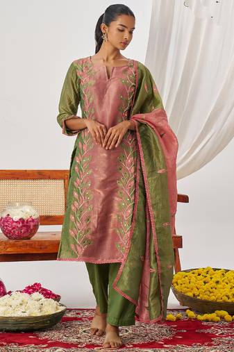 Peach organza embroidered party wear suit