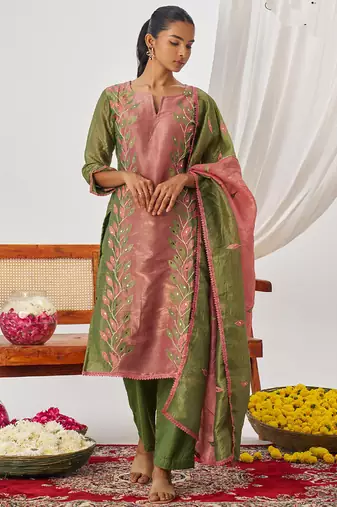 Peach organza embroidered party wear suit