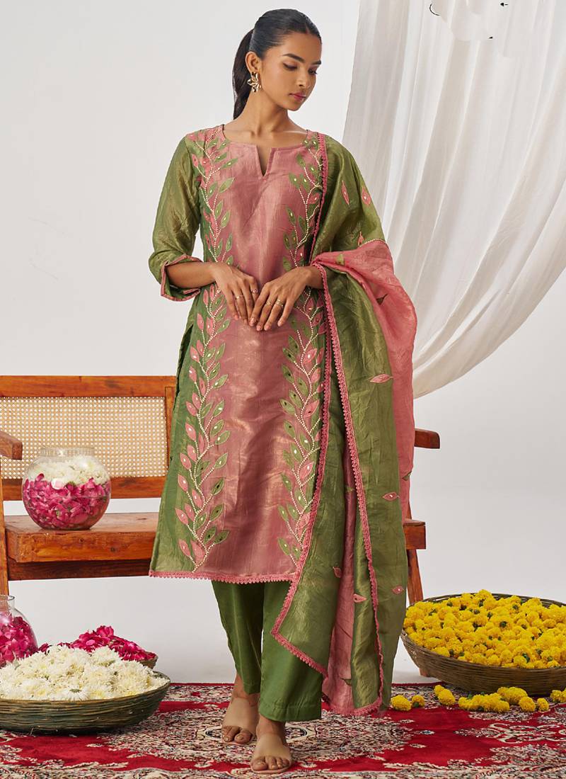 Peach organza embroidered party wear suit