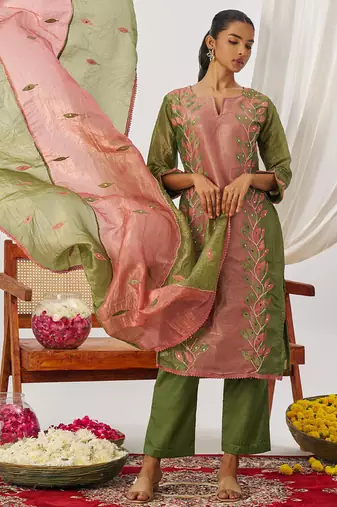 Peach organza embroidered party wear suit
