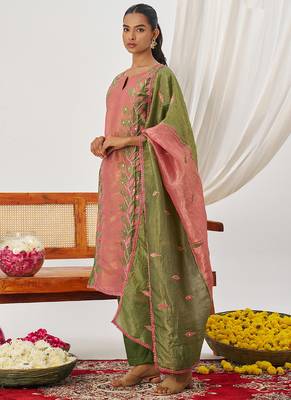 Peach organza embroidered party wear suit 3