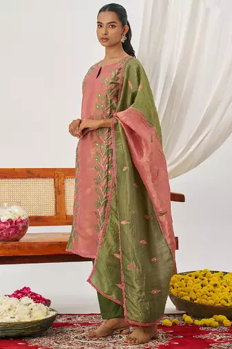 Peach organza embroidered party wear suit