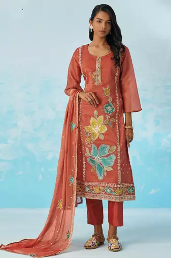 Red organza embroidered party wear suit