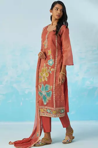 Red organza embroidered party wear suit
