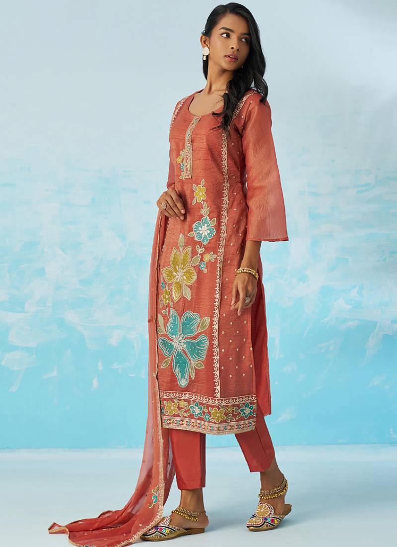 Red organza embroidered party wear suit