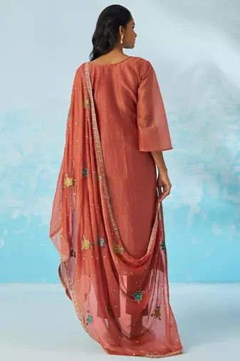 Red organza embroidered party wear suit