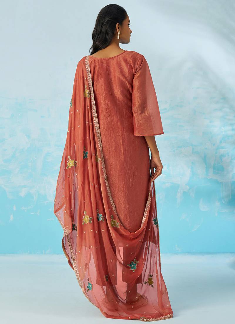 Red organza embroidered party wear suit