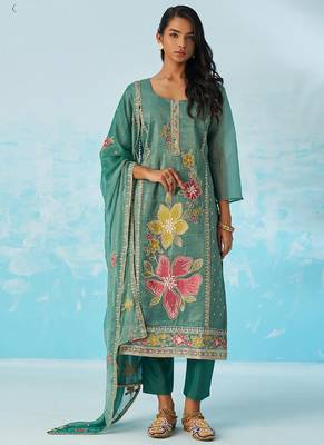 Turquoise organza embroidered party wear suit 1