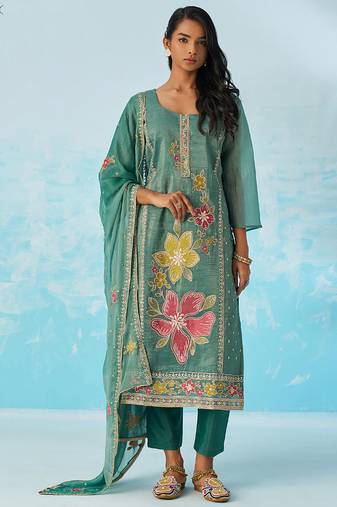 Turquoise  organza embroidered party wear suit