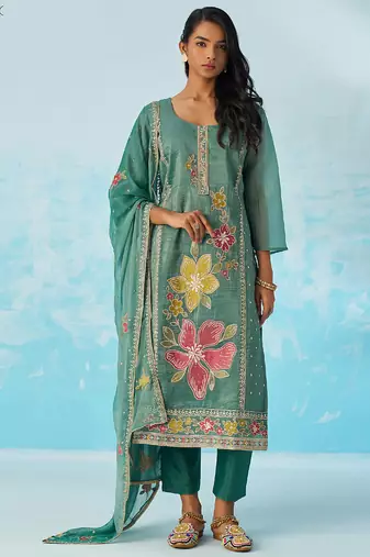 Turquoise  organza embroidered party wear suit