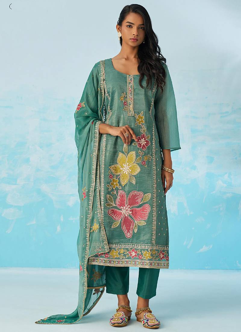 Turquoise  organza embroidered party wear suit