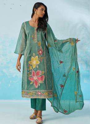 Turquoise organza embroidered party wear suit 2