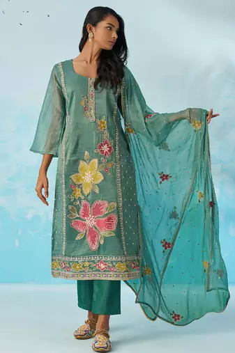Turquoise organza embroidered party wear suit