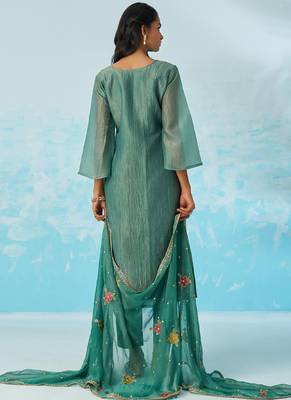 Turquoise organza embroidered party wear suit 3