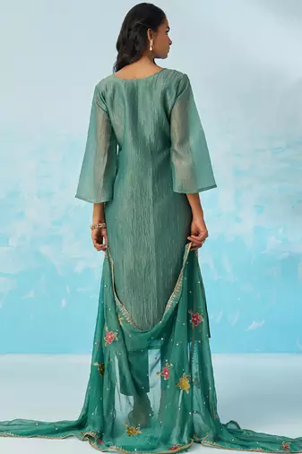 Turquoise organza embroidered party wear suit