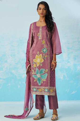 Lavender organza embroidered party wear suit