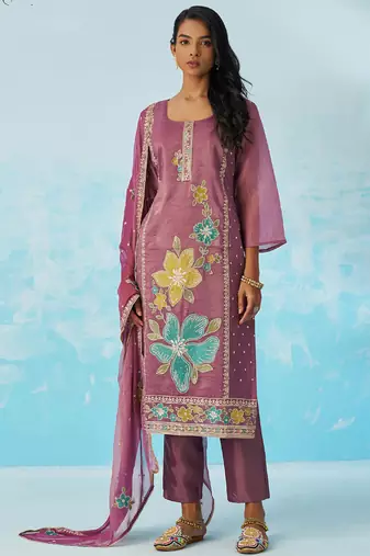 Lavender organza embroidered party wear suit