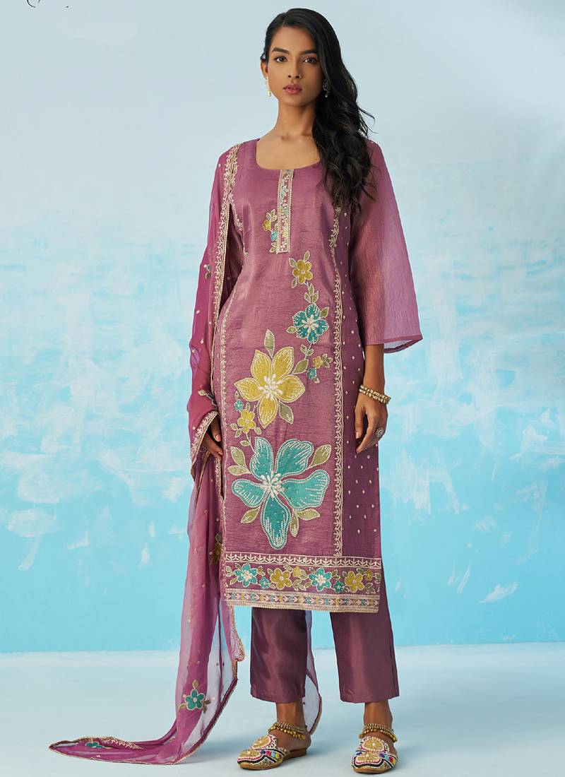 Lavender organza embroidered party wear suit