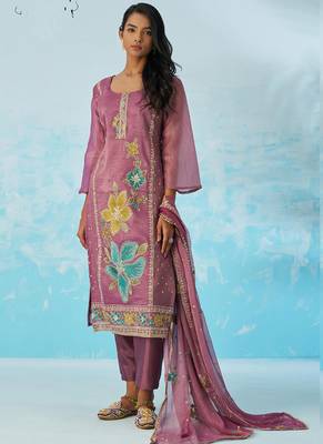Lavender organza embroidered party wear suit 2